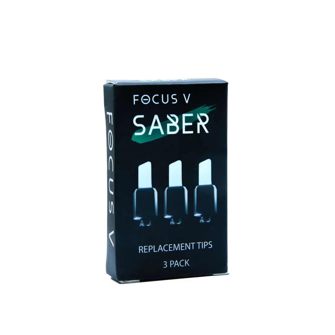 Focus V Saber replacement tips 3 pack box for vaporizers on white background