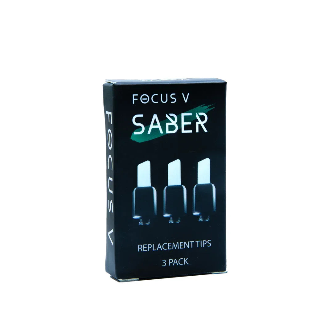 Focus V Saber replacement tips 3 pack box for vaporizers on white background