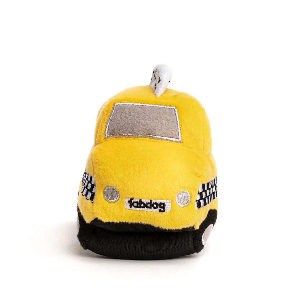 Yellow plush taxi car toy with embroidered details and checkered sides on a white background.