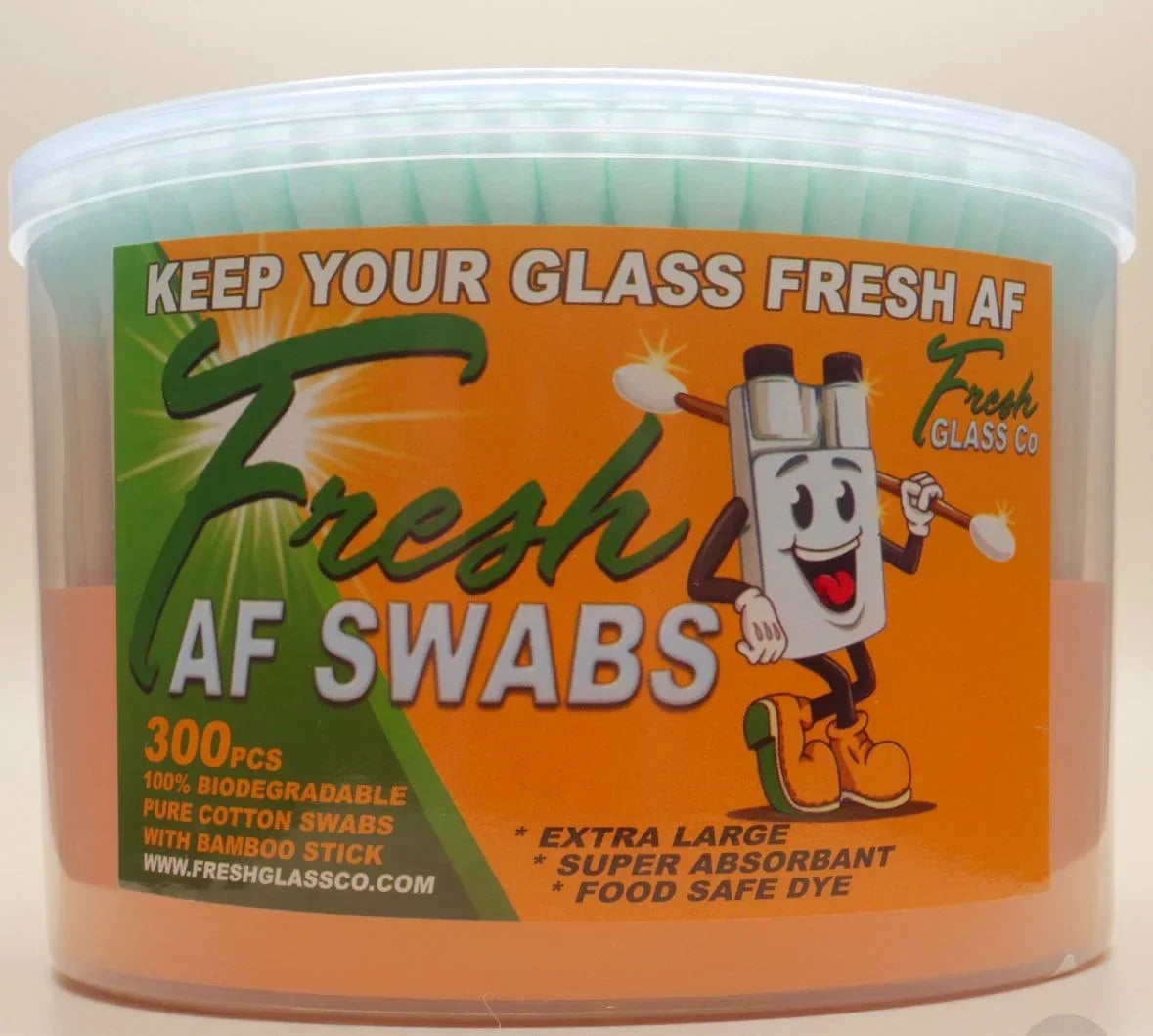 Fresh AF Swabs container with 300 biodegradable cotton swabs for glass cleaning