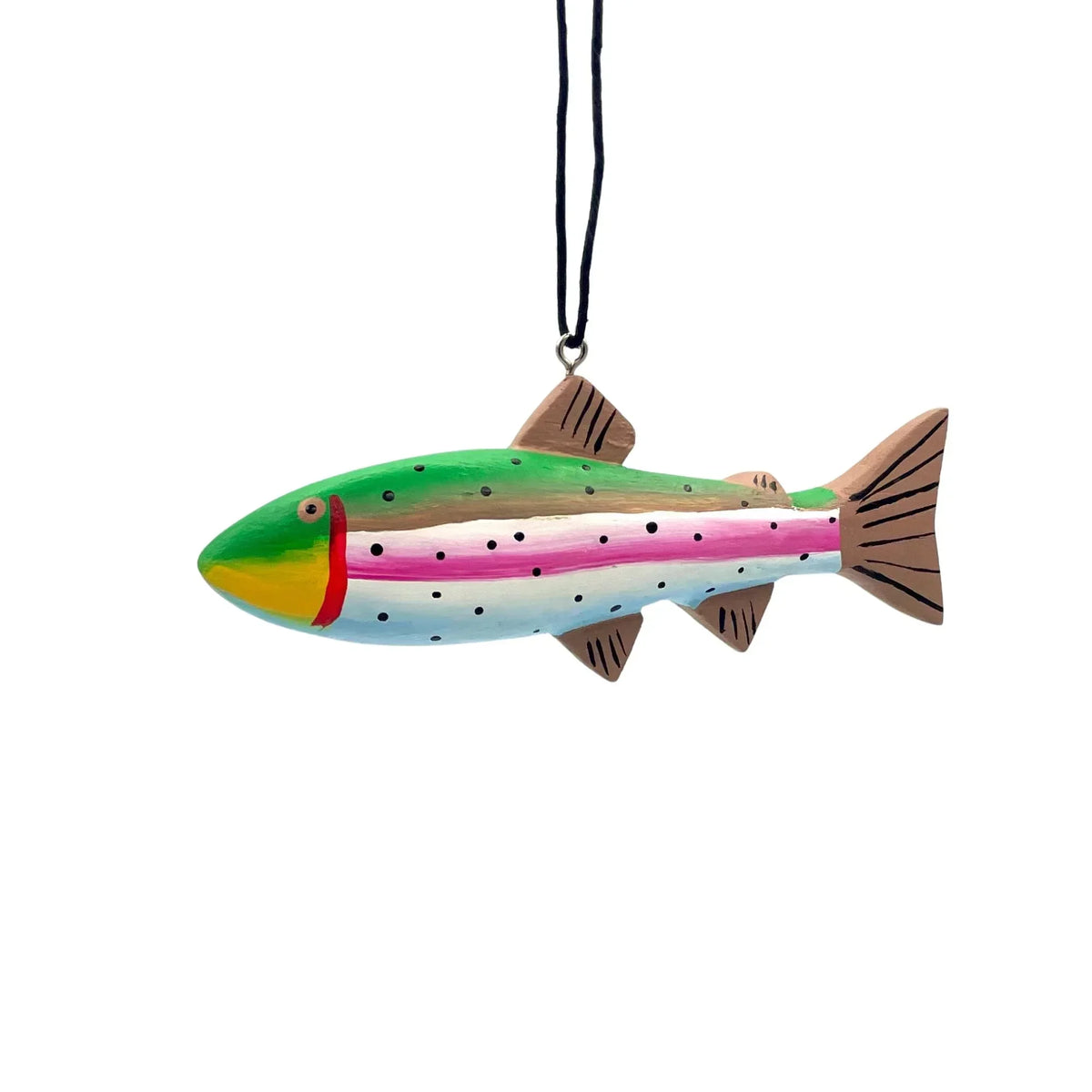 Hand-painted rainbow trout fish ornament with hanging cord, colorful and decorative