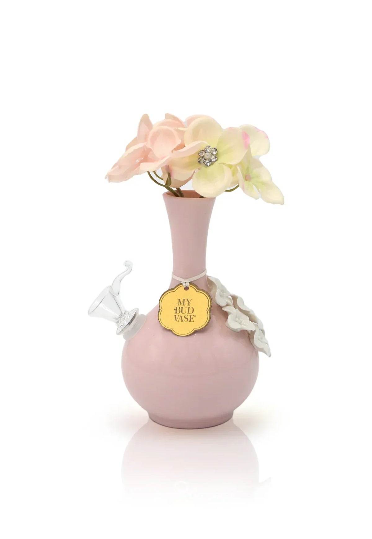 Pink ceramic vase bong with faux flowers, glass bowl, and decorative white floral accents