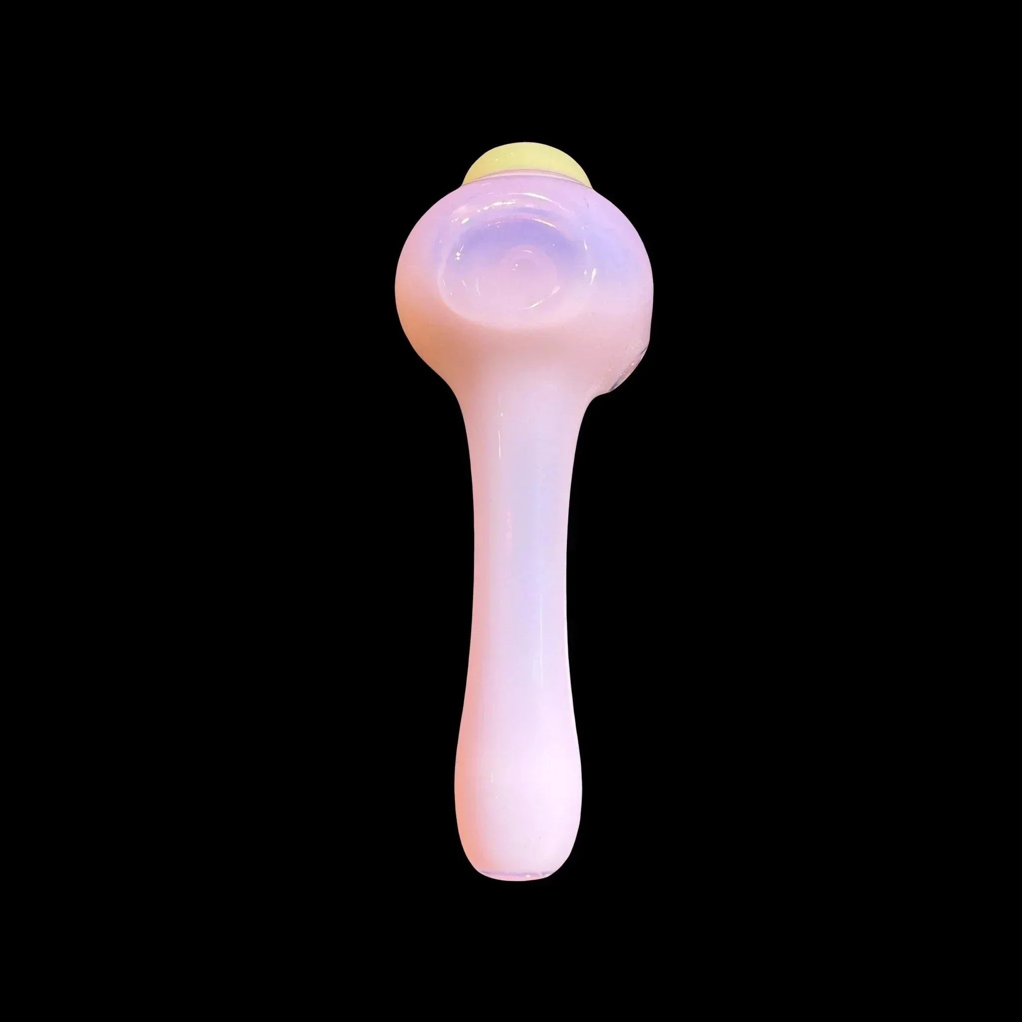 Iridescent glass hand pipe with rounded bowl on black background
