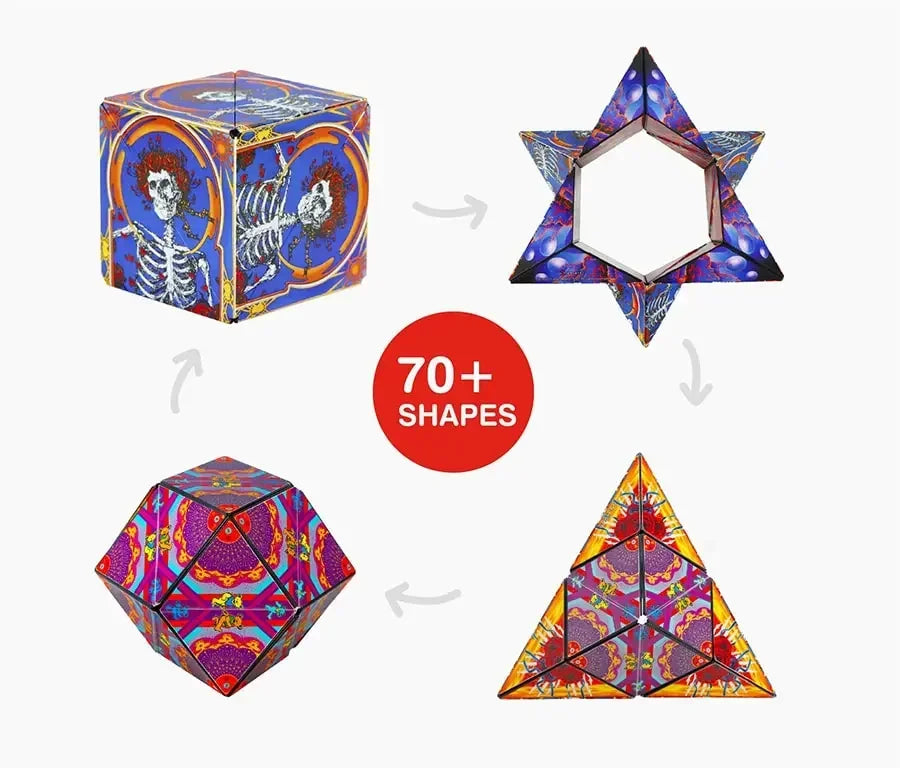 Geometric shape-shifting puzzle cube with colorful psychedelic skeleton artwork, 70+ forms.