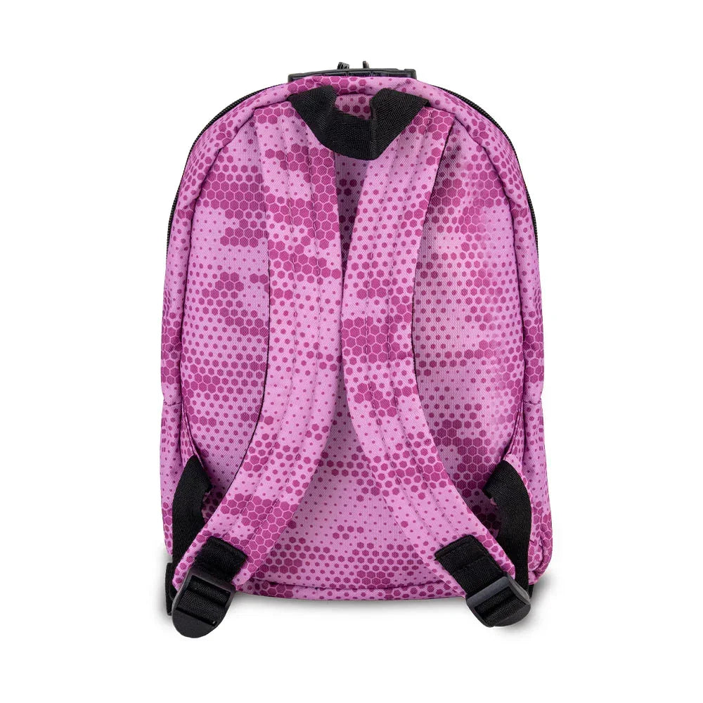 Purple and pink hexagon pattern backpack with adjustable black straps, rear view