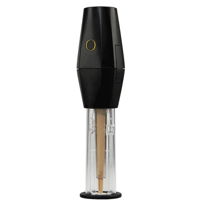 Black electric cone filler for rolling, shown with transparent tube and pre-rolled cone