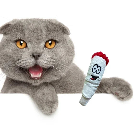 Gray cat with orange eyes next to cartoon-faced plush cat toy with red top