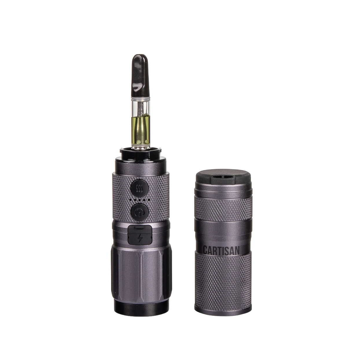 Portable gray vape battery with cartridge and removable cover, Cartisan branding visible.