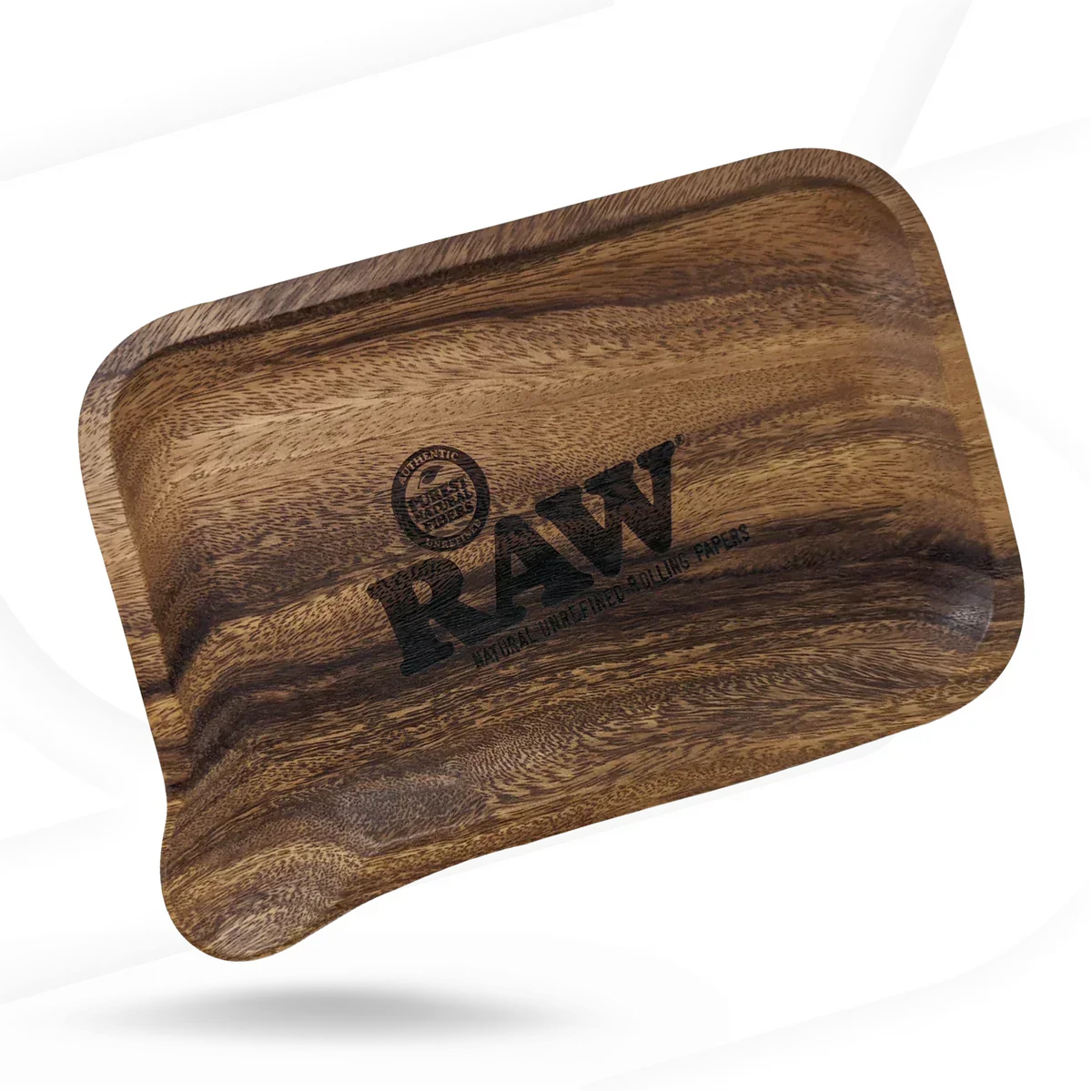 RAW wooden rolling tray with engraved logo on smooth brown wood surface