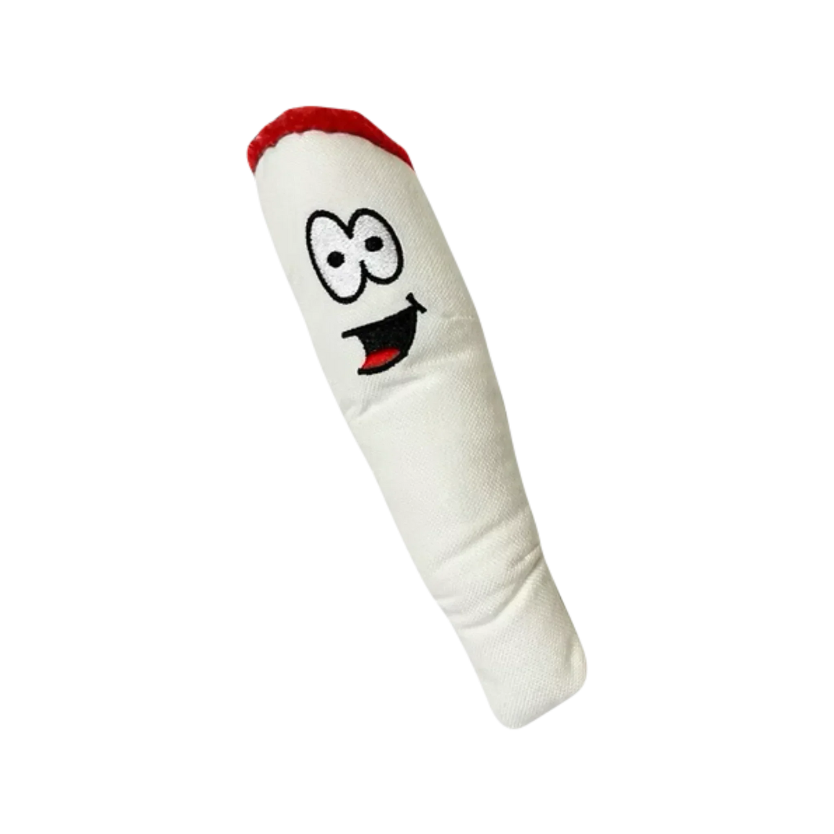 Plush toy shaped like a cartoon joint with a happy face and red tip on black background