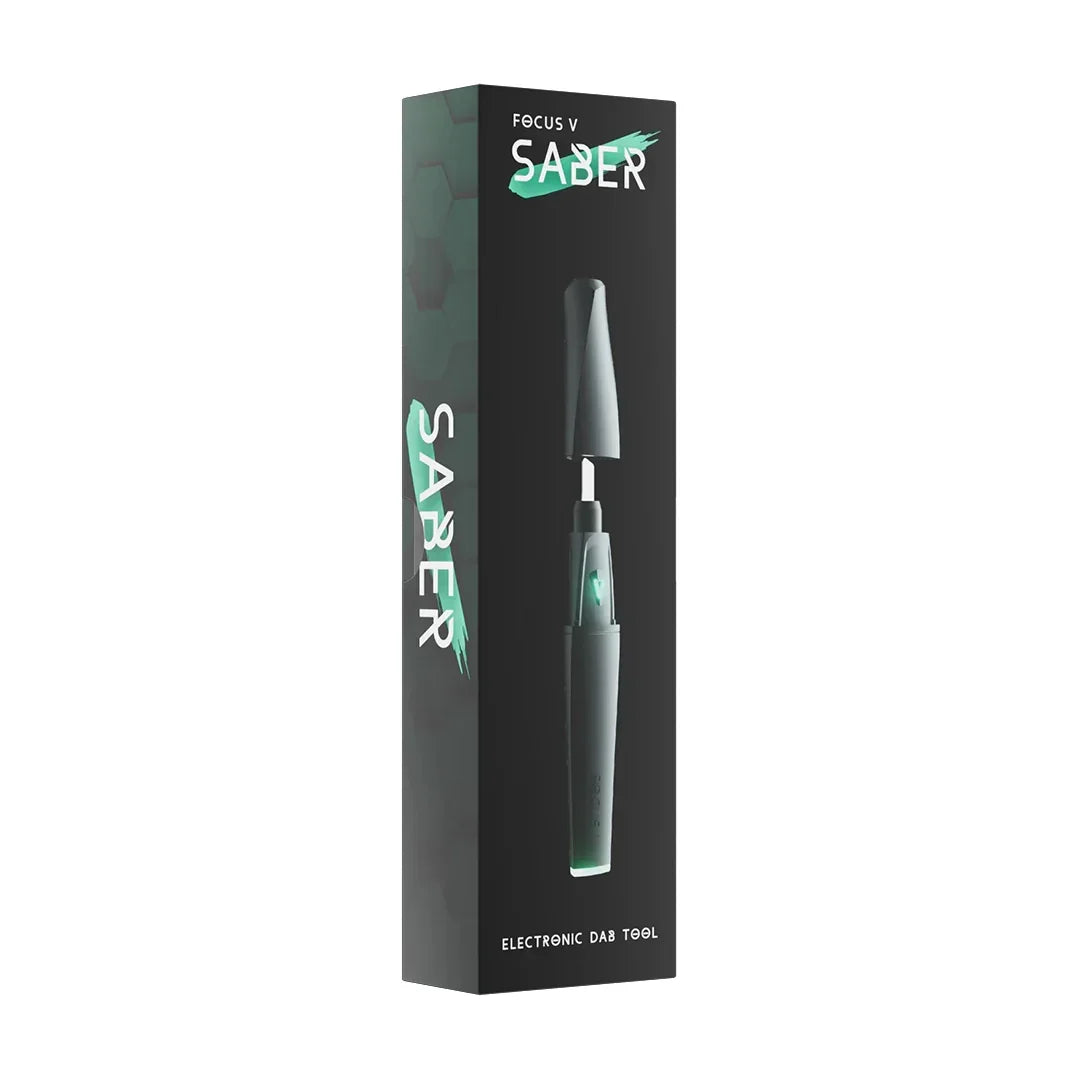 Focus V Saber electronic dab tool packaging box with product image and green accents