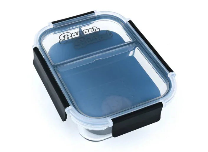 Clear airtight glass container with black latches, divided compartments, and lid branding