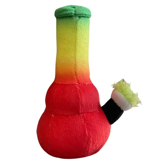 Plush bong-shaped toy with red, yellow, and green gradient and black stem
