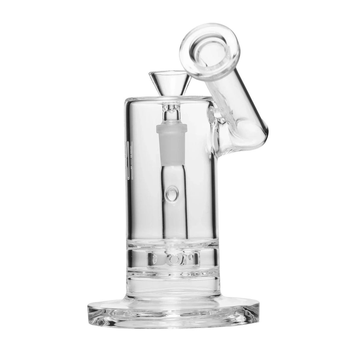 Clear glass water pipe with angled neck and wide base on white background
