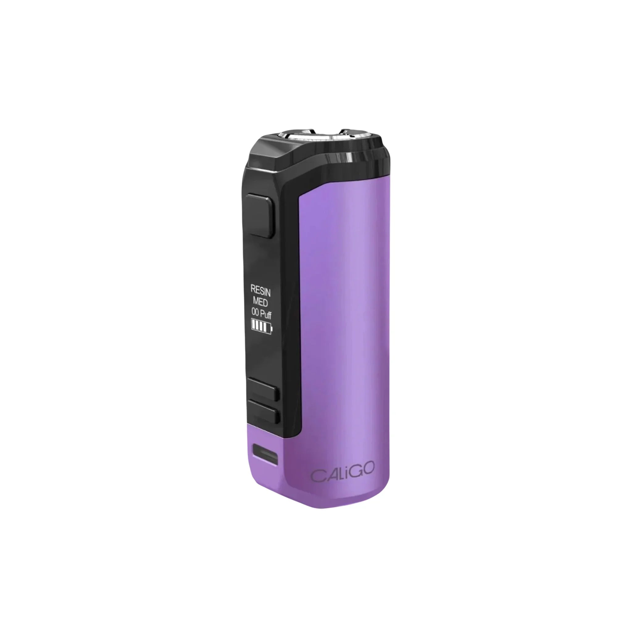 Purple CALiGO portable vaporizer with display screen and buttons, isolated on white background