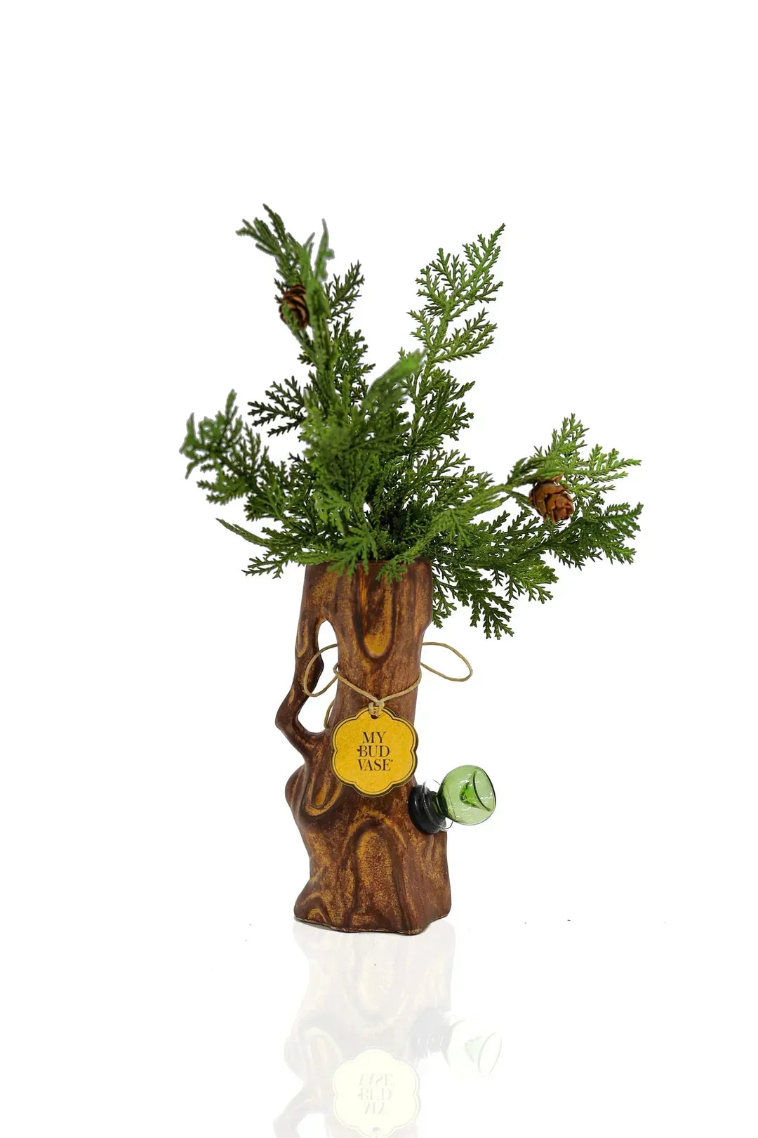 Wood-look glass vase bong with greenery, pinecones, and a 'My Bud Vase' tag