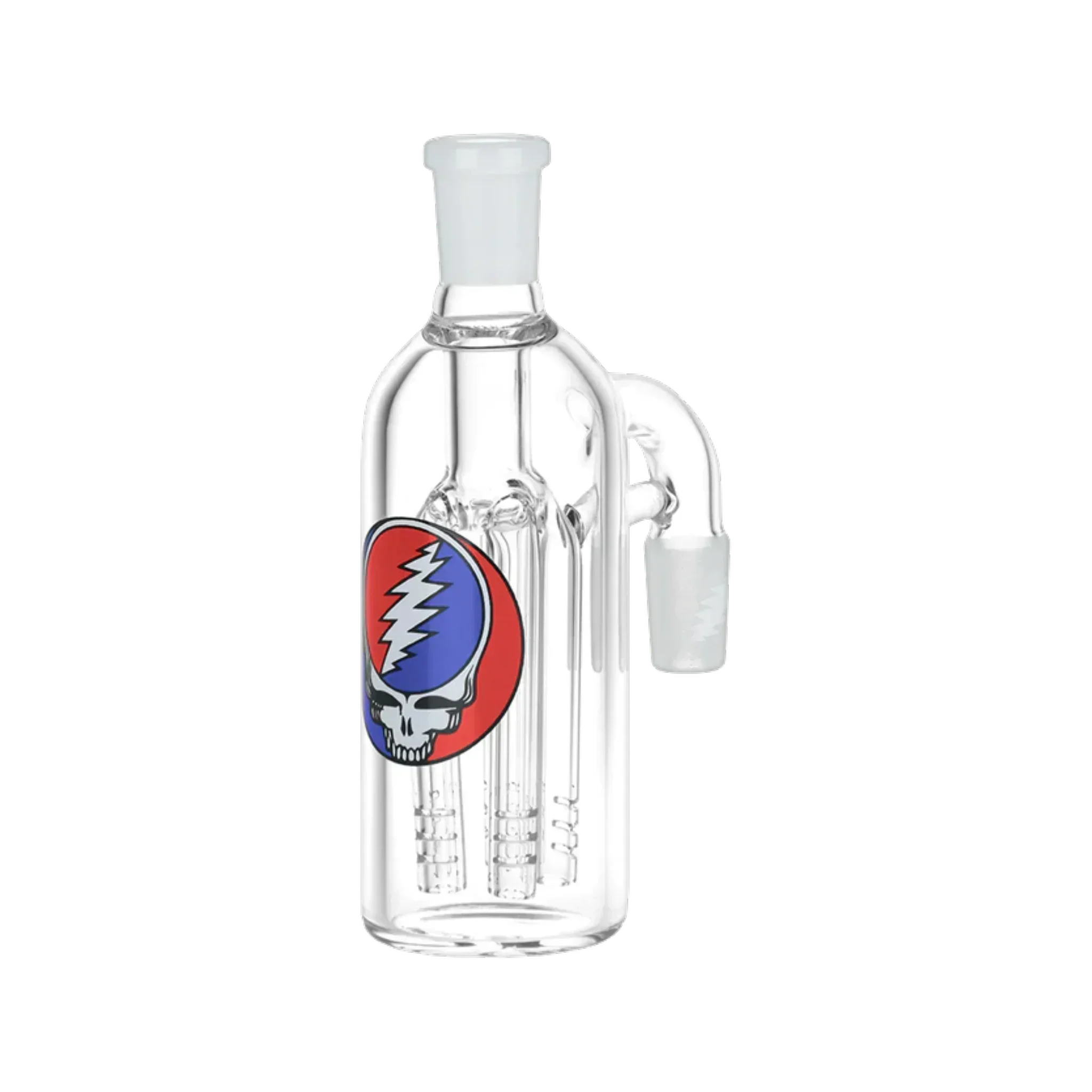 Clear glass ash catcher with Grateful Dead skull logo and multi-arm perc attachment