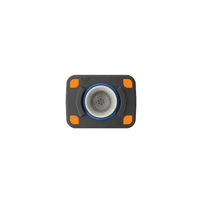 Vaporizer replacement chamber with mesh screen and orange accents on white background