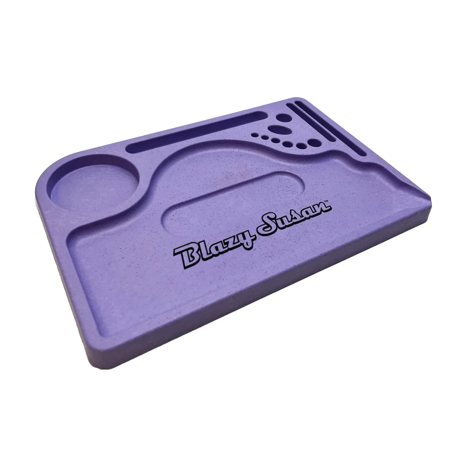 Purple Blazy Susan rolling tray with multiple compartments, organized accessory holder.