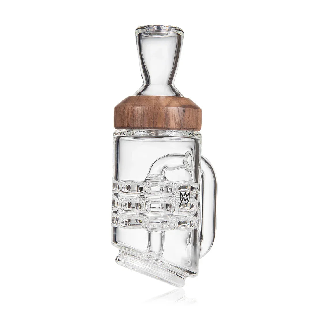 Clear glass water pipe attachment with wood accent and intricate percolator design