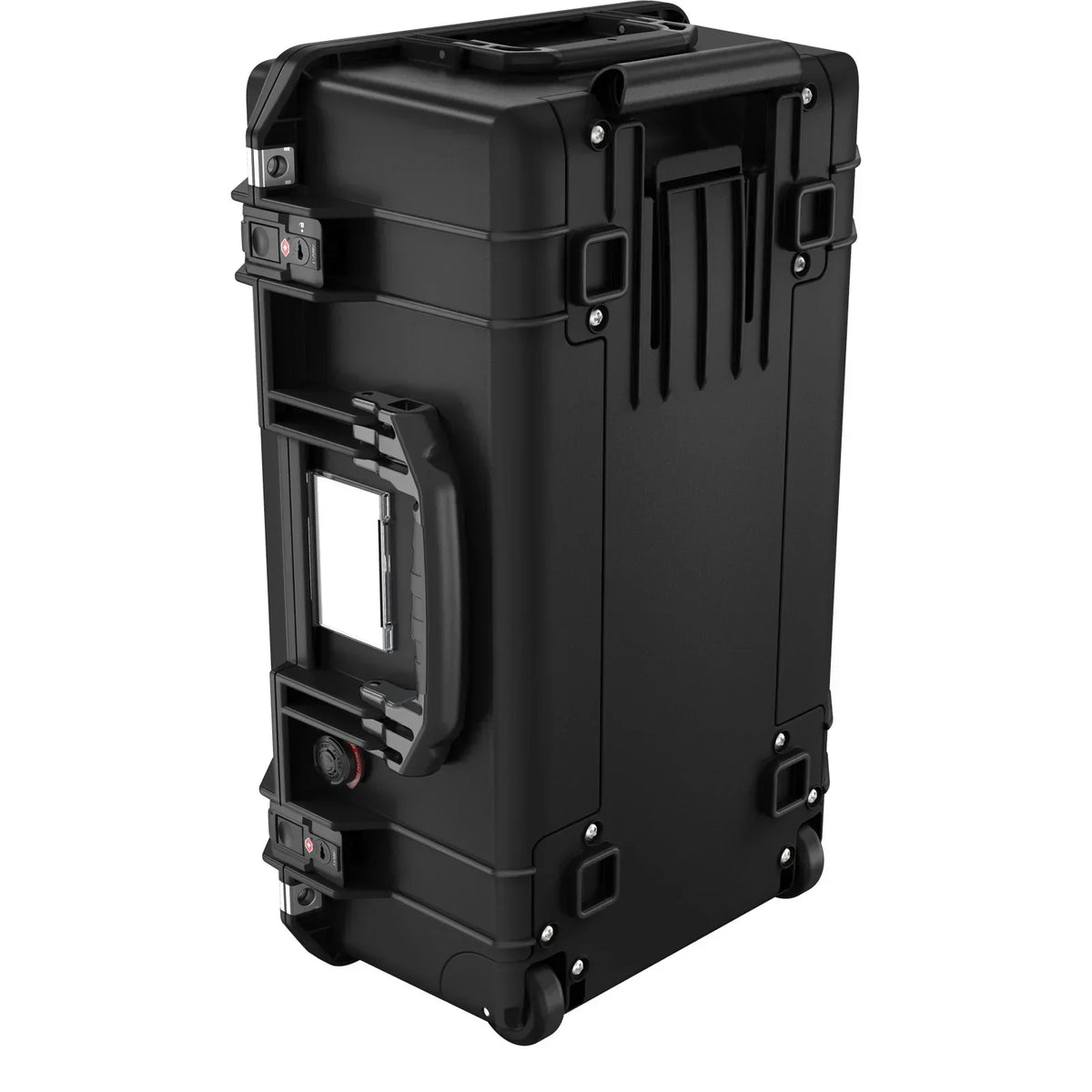 Black hard shell rolling travel case with handle and latches, rugged protective design