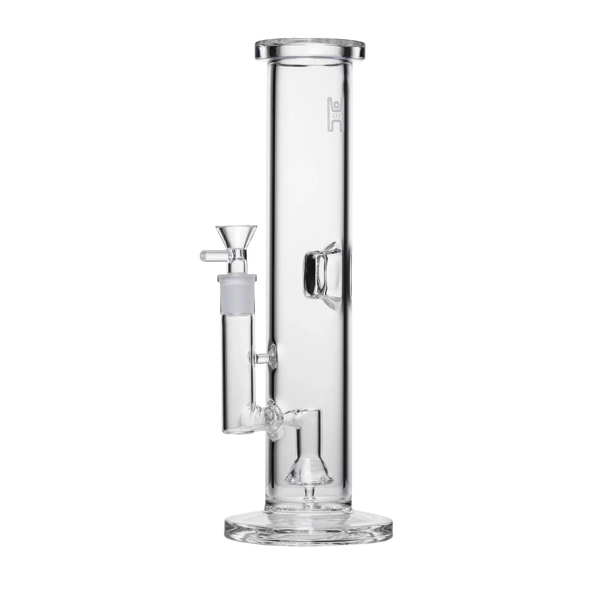 Clear glass straight tube water pipe with percolator and ice catcher, isolated on white