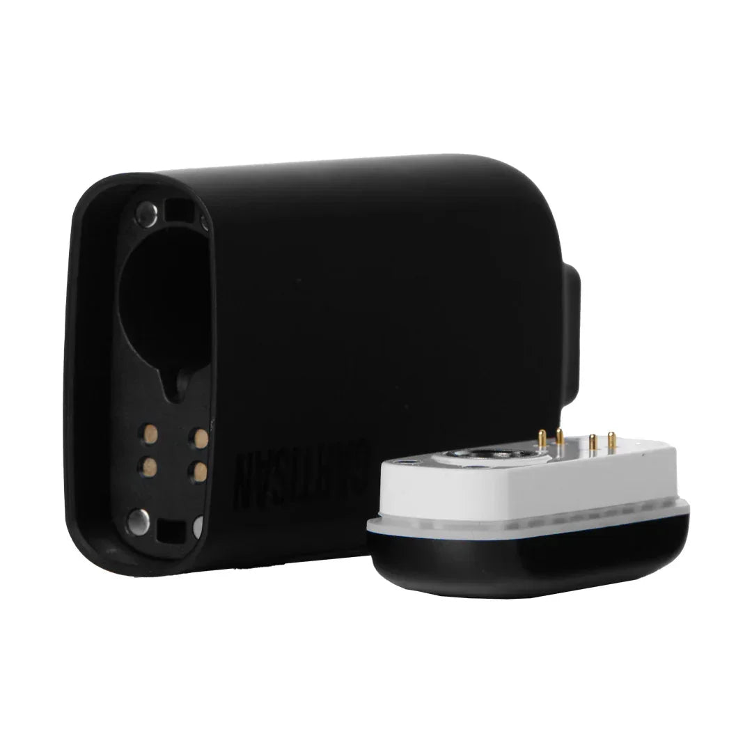 Black portable vaporizer with white detachable heating chamber, modern smoking accessory