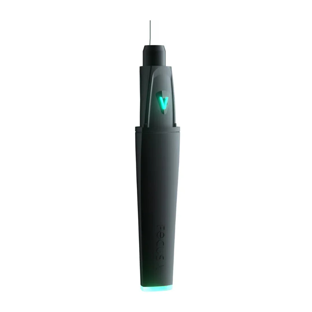 Black electric dab tool with green LED light and needle tip on white background