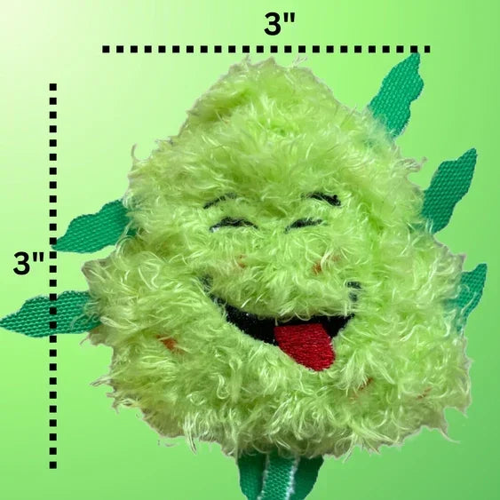 Plush green bud toy with smiling face, 3x3 inches, on light green background