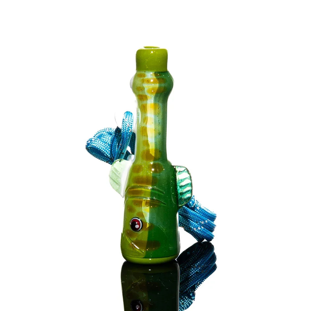 Handcrafted glass whistle shaped like a smallmouth bass with blue cord and green fins