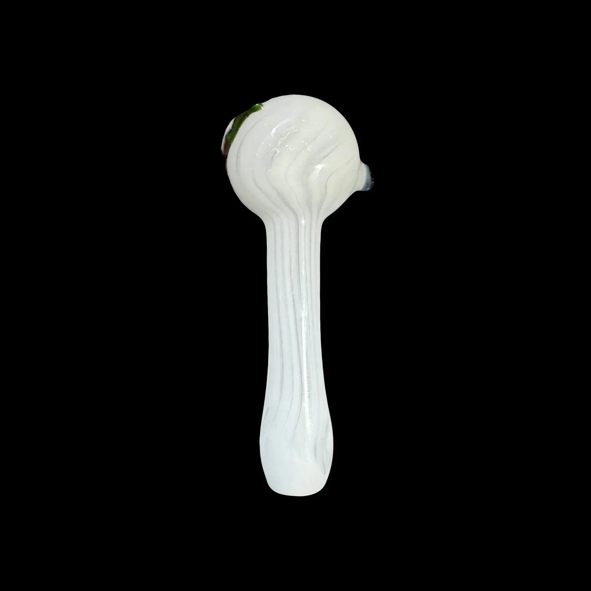 White glass hand pipe with smooth design on black background, heady glass accessory