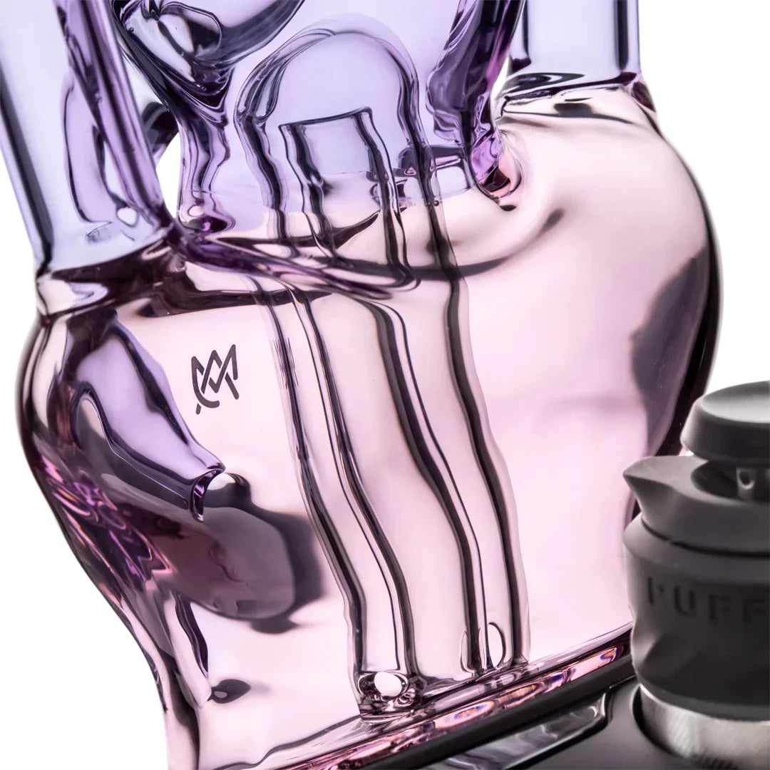 Close-up of a purple and pink glass water pipe with intricate tubing and logo detail