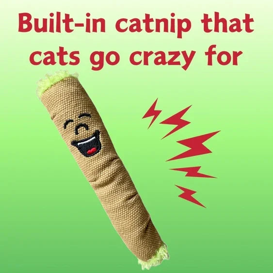 Smiling catnip cat toy stick on green background with text highlighting built-in catnip