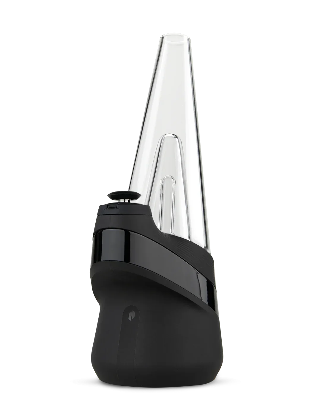 Modern black and clear glass vaporizer with conical design on white background