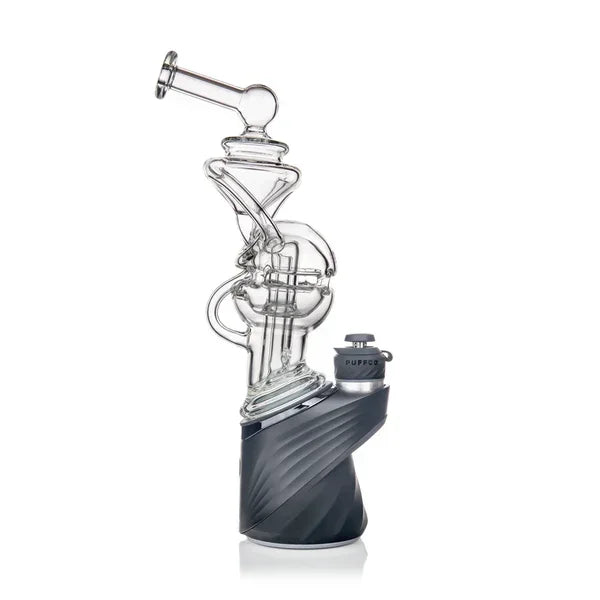 Clear glass recycler water pipe with Puffco vaporizer base on white background