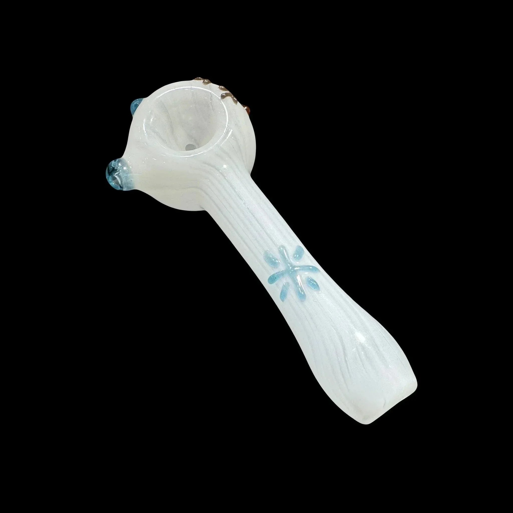 White glass hand pipe with blue accents and flower design, isolated on black background