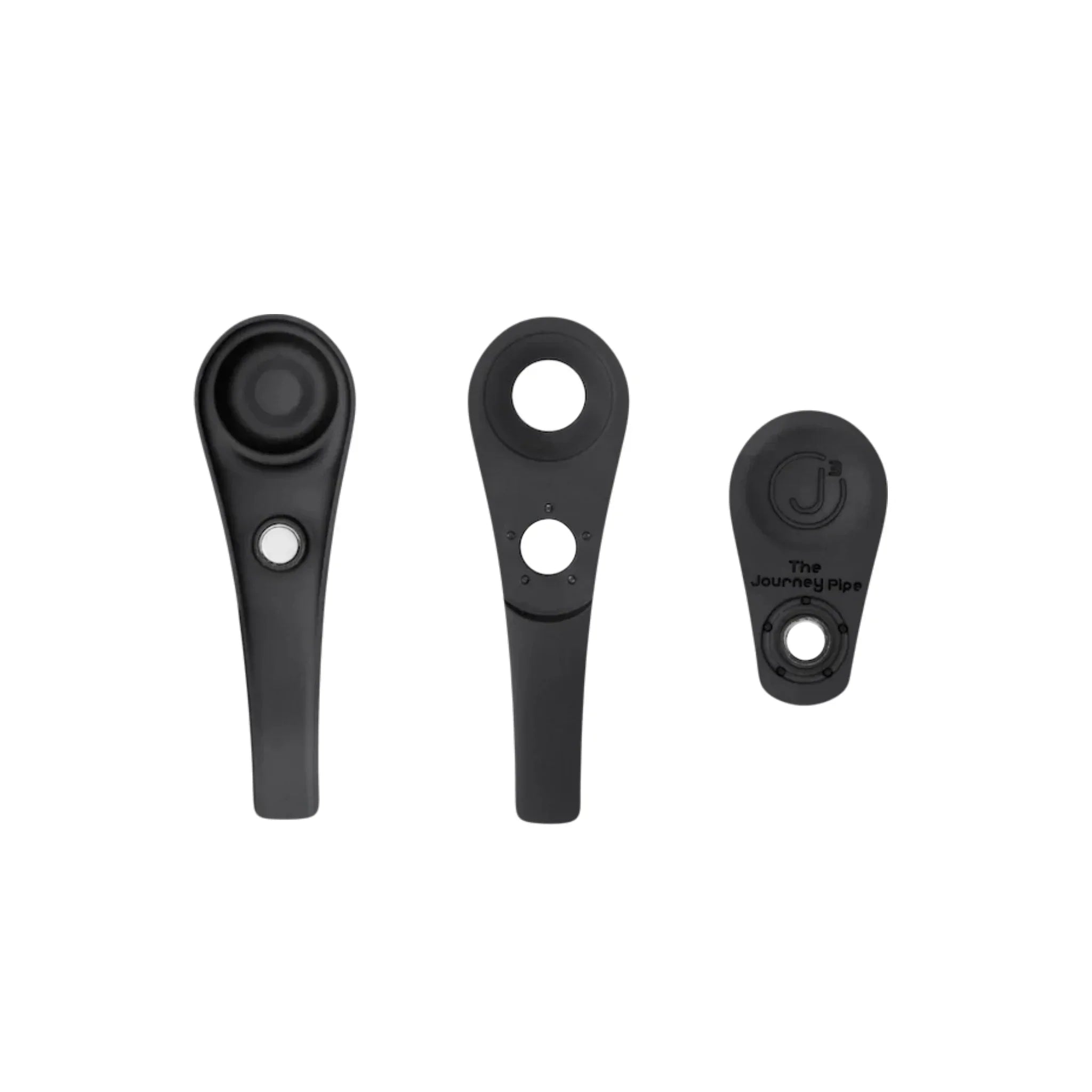 Black metal hand pipe disassembled in three parts, sleek minimalist smoking accessory
