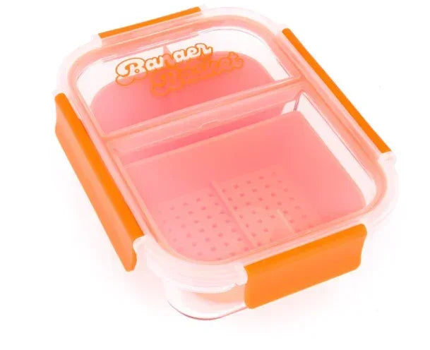 Transparent orange silicone storage container with divider and secure latches