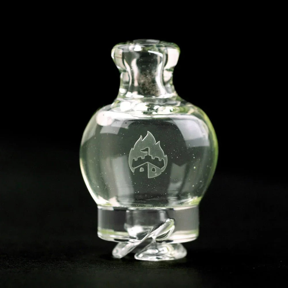 Clear glass carb cap with flame logo, displayed on black background, for dab rig accessories.