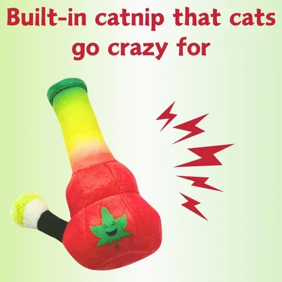 Colorful bong-shaped cat toy with catnip and a green leaf, text highlights built-in catnip