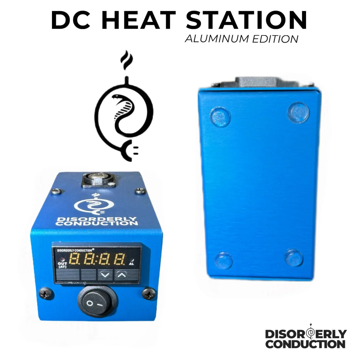 Blue aluminum DC Heat Station temperature controller for glass heating, front and side views.