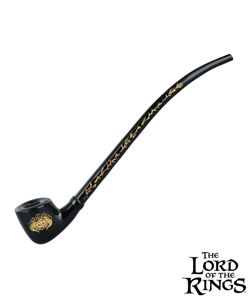 Black glass pipe with gold Lord of the Rings designs and lettering, long stem