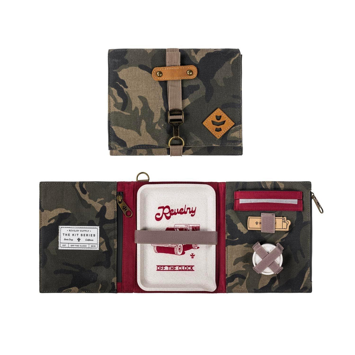 Camouflage smell-proof travel kit with organized compartments and smoking accessories