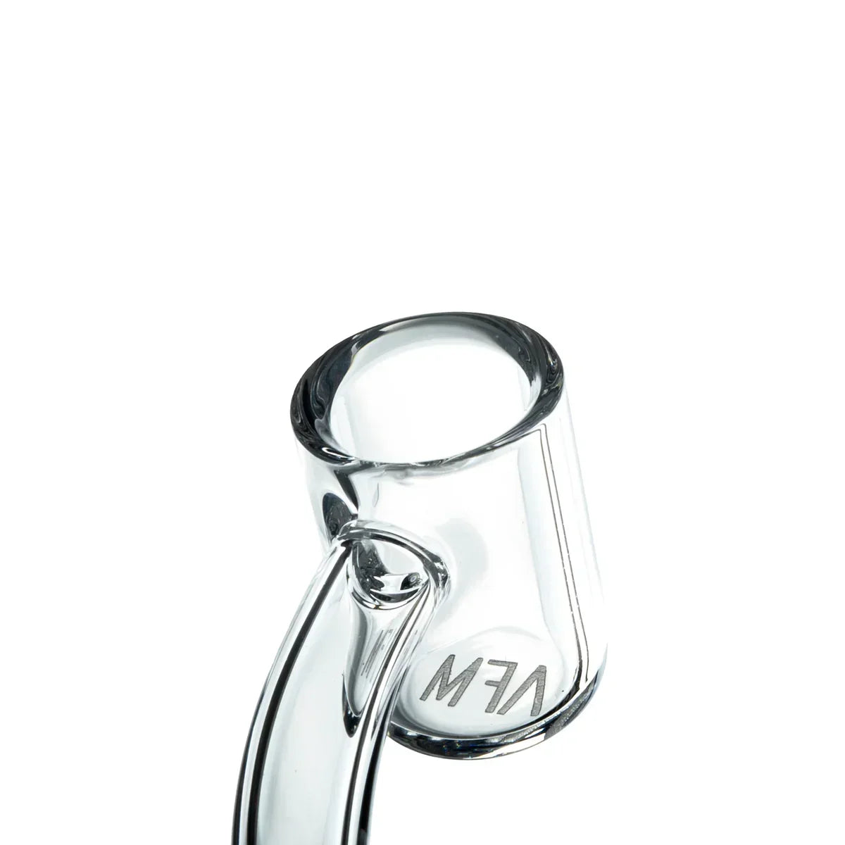 Clear quartz banger for dab rig with VFW engraving, isolated on white background