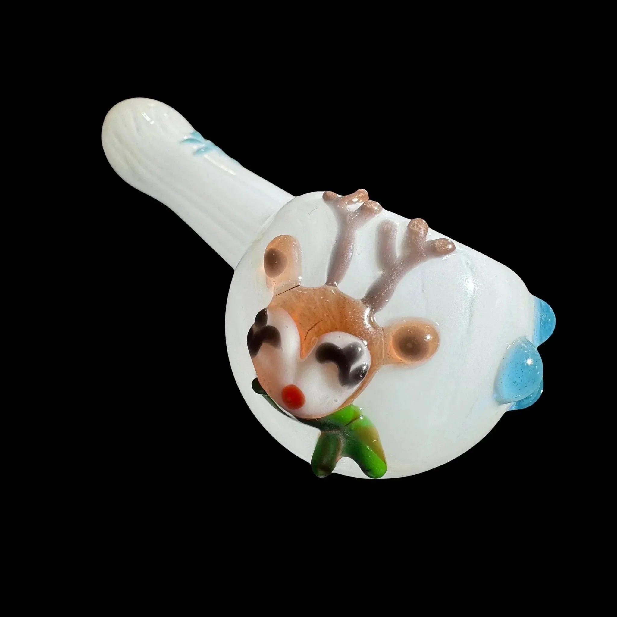 White glass hand pipe featuring a 3D reindeer design, novelty smoking accessory