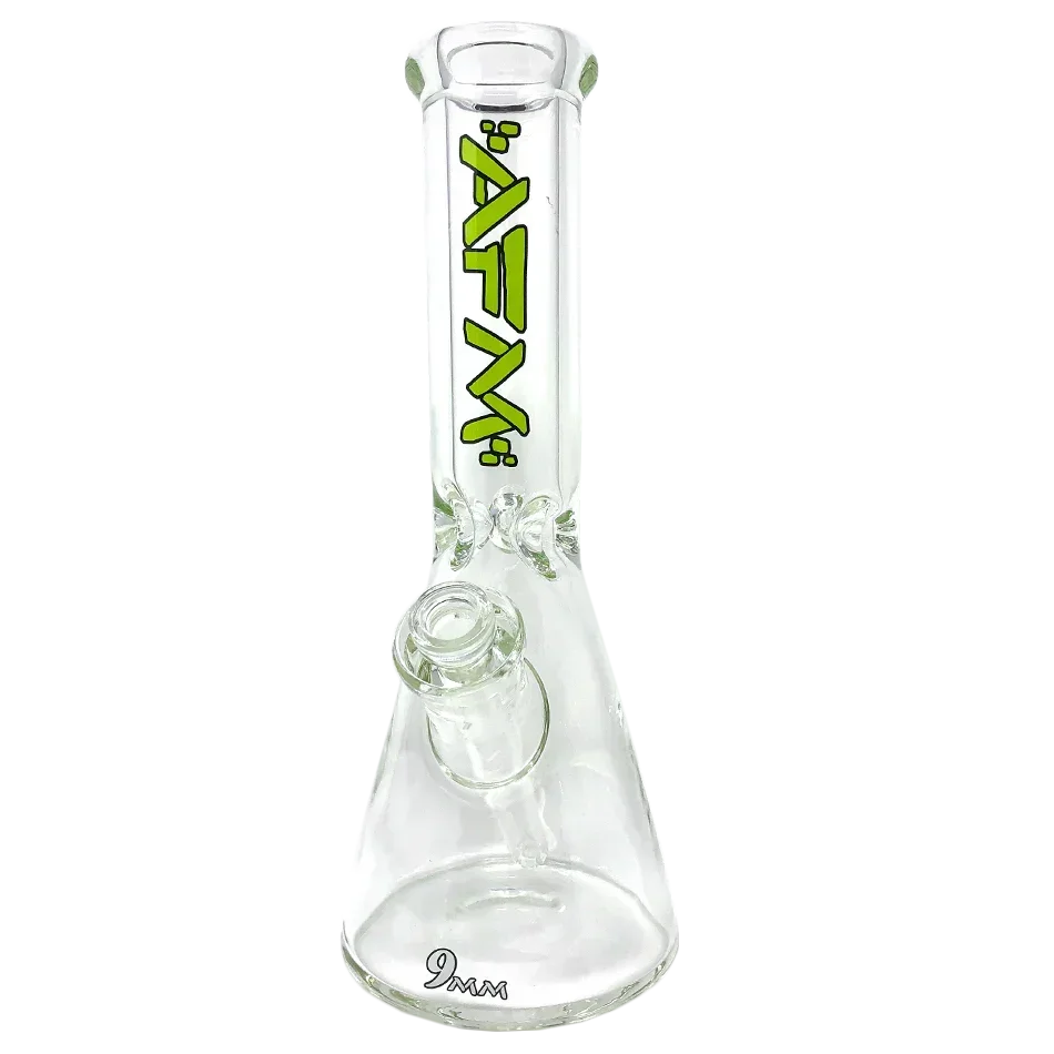 Clear glass beaker bong with AFM logo and 9mm thickness marking, heady glass accessory