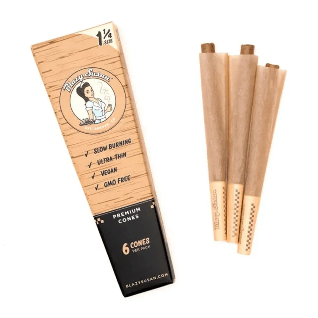 Pack of Blazy Susan 1 1/4 size vegan pre-rolled cones with three cones displayed.