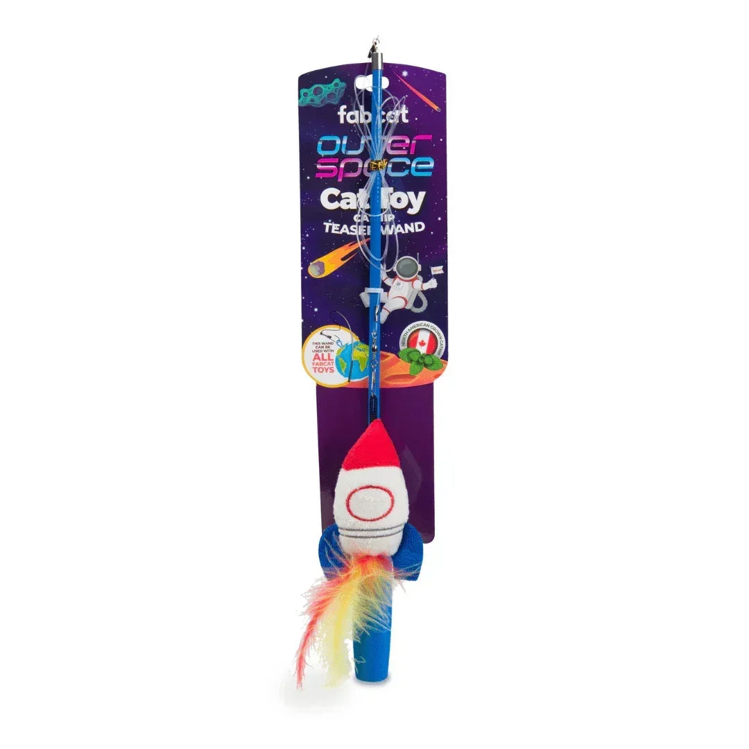 Outer space cat toy teaser wand with rocket-shaped plush and feather tail