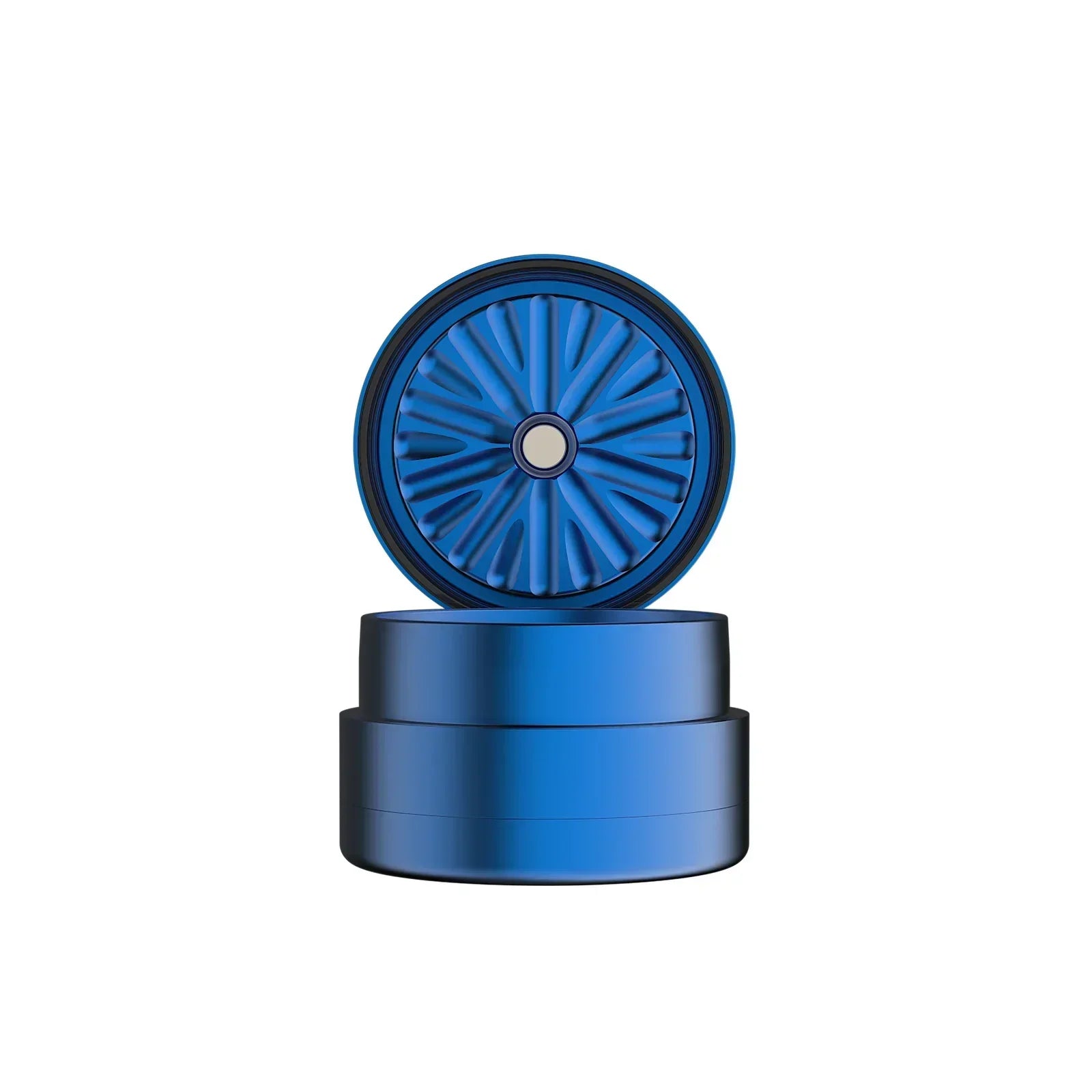 Blue metal herb grinder with open lid, sharp teeth visible, isolated on white background