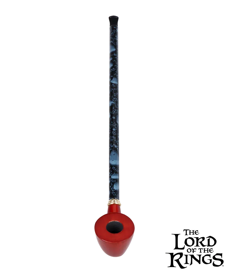 Lord of the Rings themed long glass smoking pipe with red bowl and decorative stem